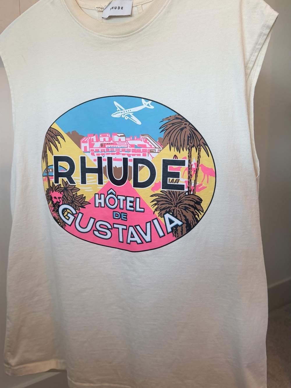 Rhude white sleeveless tank with pastel beach graphic